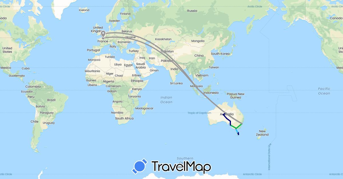 TravelMap itinerary: driving, bus, plane, train, boat in Australia, France, United Kingdom, Singapore (Asia, Europe, Oceania)